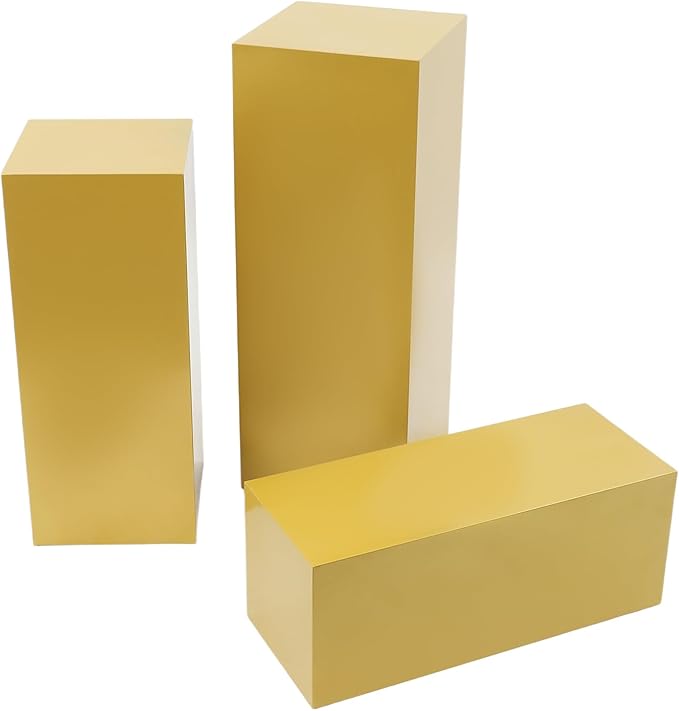 OUKANING 3 PCS Metal Display Pedestal Stands, Square Gold Display Stands Pillars, Decoration Cube Sculpture Display Column for Wedding Party Baby Shower Birthday, H31.49'', 25.59'', 23.62''
