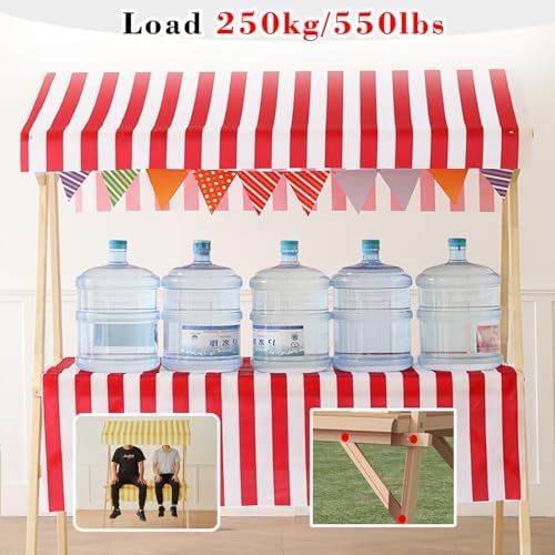 Foldable Wooden Market Stall Display Stand with Canopy & Tablecloth - Outdoor Concession Booth for Gifts, Crafts, Toys, Food & Lemonade - Portable Retail Kiosk (Red, 180x60cm)