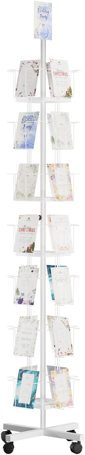TONGMO 7-Tier Greeting Card Display Rack: 28-Pocket Rotating Countertop Stand for Postcards, Brochures, and Greeting Cards (White, 68.9”H)