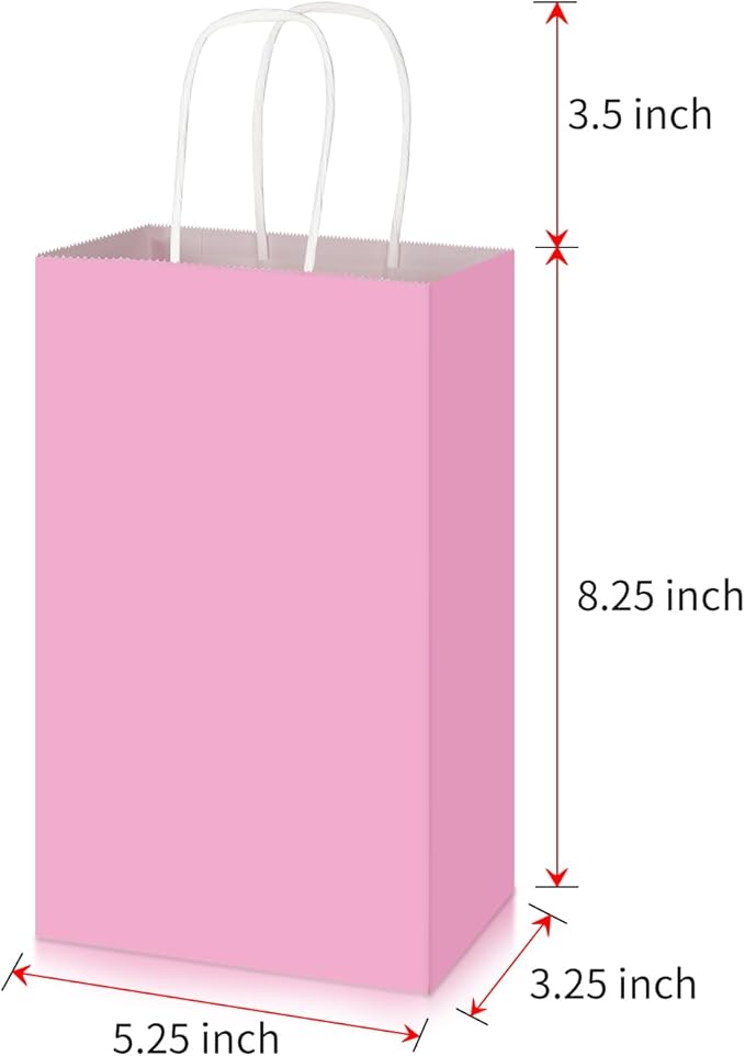 Toovip 100 Pack 5.25x3.25x8.25 Inch Small Light Pink Kraft Paper Bags with Handles Bulk, Gift Wrap Bags for Favor Grocery Retail Party Birthday Shopping Business Goody Craft Merchandise Take Out Sacks