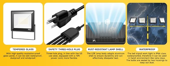 TOPRATED Plug In Led Work Light with Stand,28000 Lumen 110V 4 Adjustable Head Outdoor Flood Lights,Foldable Mechanic Light with 16.5Ft Power Cord,Portable Waterproof Tripod with Lamp for Workbench