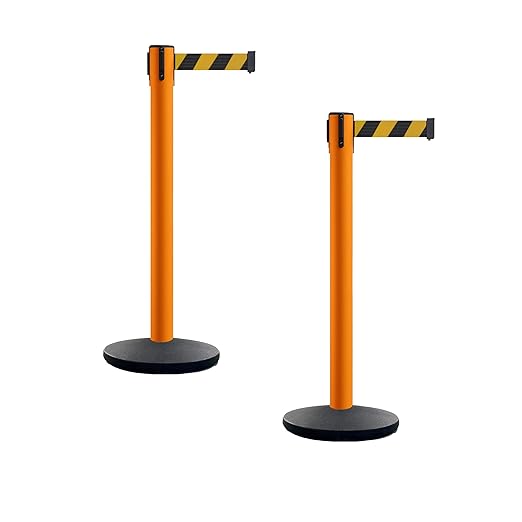 Montour Line MI650 Set of 2 Retractable Belt Barrier Stanchion, Cast Iron Base, Orange Post (16 ft Black and Yellow Diagonal Belt)