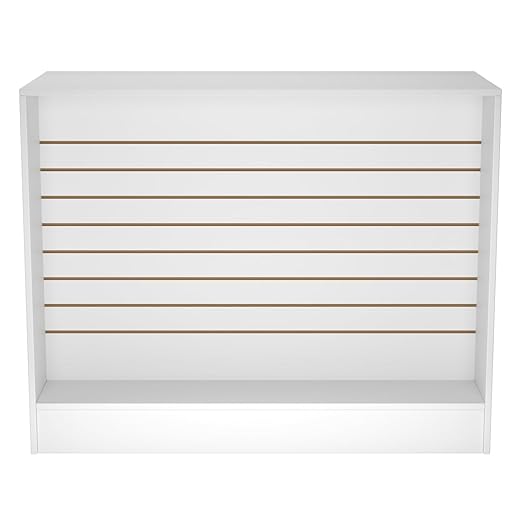 48” W ×20” D × 38” H - Ledge top Checkout Counter with Slatwall Display Front, White Wooden Slat Wall Cash Register Stand,Retail Counter Display