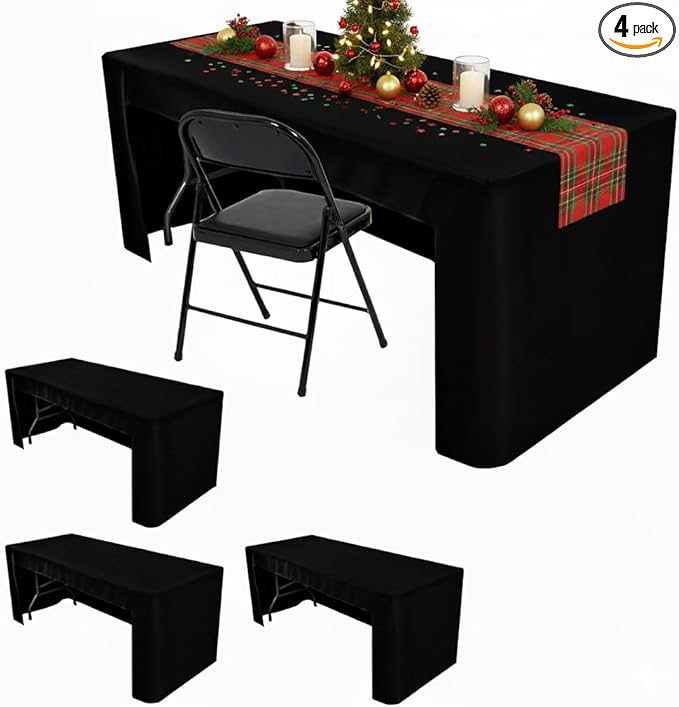 HolidayIdeas Open Back Fitted Black 8ft Table Cloths for Rectangle Table, Wrinkle Resistant Washable Table Cover 30x96 Inch for Craft Fairs, Banquet, Trade Show, 4 Pcs