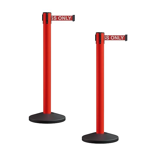 Crowd Control Warehouse CCW Series RBB-150 - Set of 2 Stanchion Retractable Belt Barriers - 16 Foot, Red"Authorized Access ONLY" White Letters Belt with Red Post - Easy Assembly
