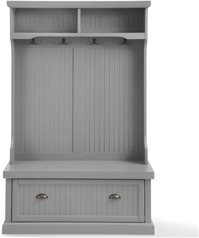 Pemberly Row Coastal Wood Hall Tree in Distressed Gray and Chrome