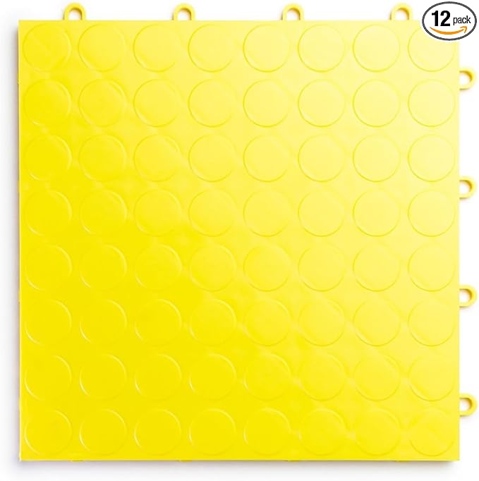 Big Floors RaceDeck CircleTrac, Interlocking Non-Slip Garage Flooring Tile, Durable, Modular, Heavy-Duty Copolymer, Easy Install (Yellow, 12 Pack of 12 x 12" Tiles)