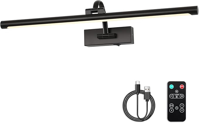 Dimmable Black Picture Lights with Remote and Timer Wireless Art Lights Rechargeable Gallery Lighting for Canvas Portrait 24'' Inch 5W Warm White