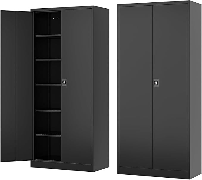 Metal Storage Cabinet-72” Black Tall Steel File Cabinets with Lockable Doors and Adjustable Shelves-Black Steel Storage Cabinet for Kitchen, Office, Garage