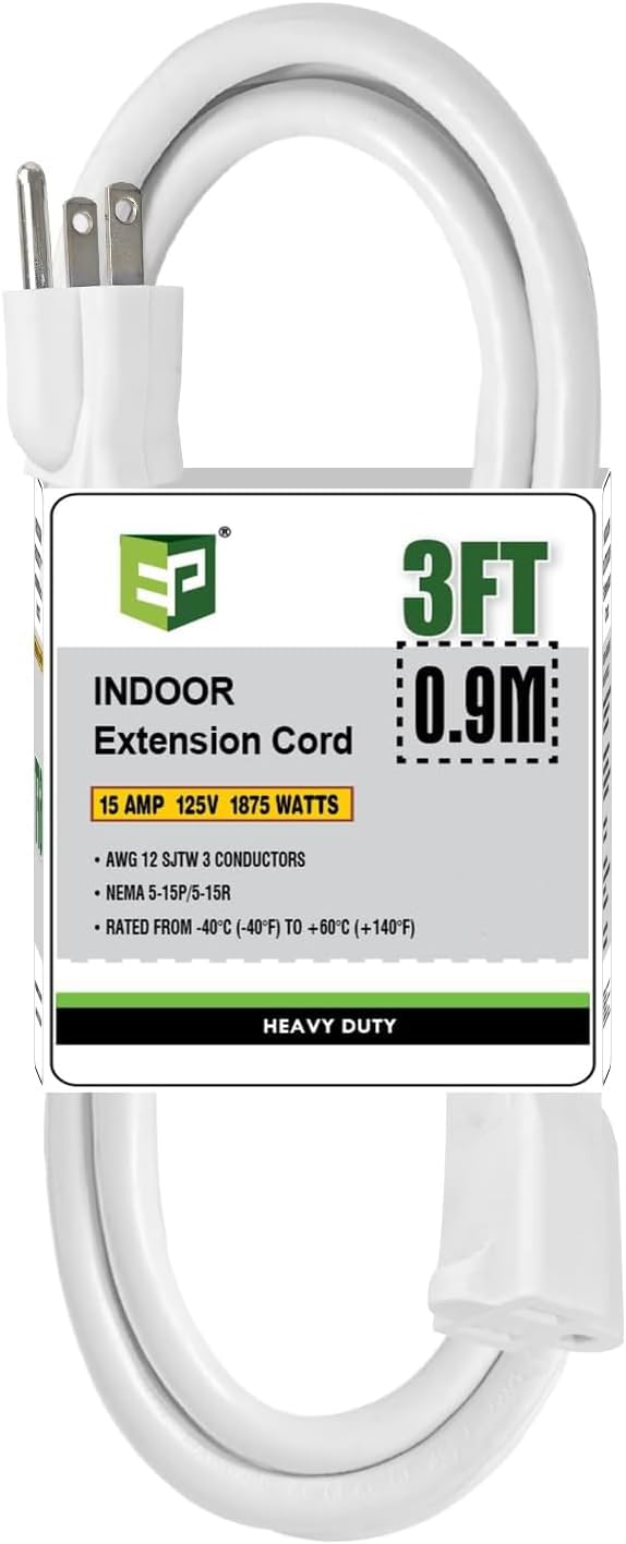 EP 3 Ft Indoor Extension Cord, 12/3 SJTW Heavy Duty Extension Cable with 3 Prong Grounded Plug, 15 AMP Power Cord for Lawn, Garden, Appliances, White