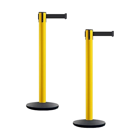 Montour Line MI650 Set of 2 Retractable Belt Barrier Stanchion, Cast Iron Base, Yellow Post (16 ft Black Belt)