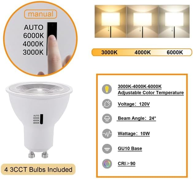 White 4PCS LED Track Lighting (No Rails) with Advanced Replaceable GU10 Bulbs, Switchable 3CCT(3000K/4000K/6000K) and Dimmable Brightness(20%-100%), Versatile Ceiling Spotlight Fixtures for Any Space