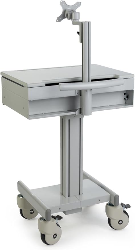 Displays2go Mobile Desk with Monitor Display & Keyboard Tray, Locking Wheels, Steel, Plastic, MDF – Gray (DWMDC1M)