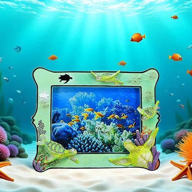 6x8 Inch Sea Turtle Resin Picture Frame - Ocean-Themed Tabletop Photo Display with Turtle Figurine, Feng Shui Lucky Wealth Home Decor, Beach & Marine Art Gallery Decor