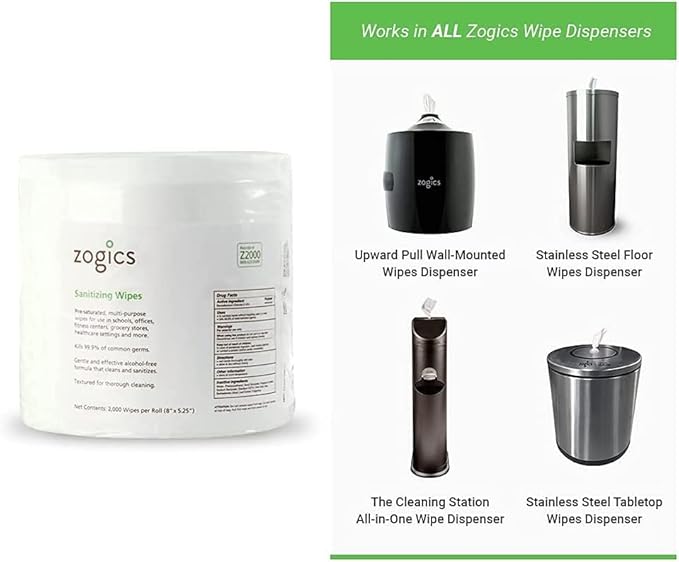 Zogics Sanitizing Wipes and Wall Mounted Dispenser – No-Touch Wipes Dispenser, Mounts Easily to Wall for Quick Access to Sanitizing Wet Wipes (4 Pack Sanitizing Wipes included)