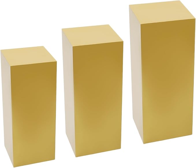 OUKANING 3 PCS Metal Display Pedestal Stands, Square Gold Display Stands Pillars, Decoration Cube Sculpture Display Column for Wedding Party Baby Shower Birthday, H31.49'', 25.59'', 23.62''