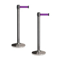 CCW Set of 2 Retractable Belt Barriers Stanchion, Polished Stainless Steel Post, RBB-100 (11 Foot Belt, Purple Belt)