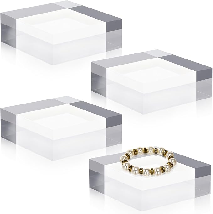 Qunclay 4 Pcs 4 x 4 x 2 Inches Acrylic Square Display Block Clear Polished Acrylic Cubes Jewelry Display Stand for Jewelry Ring Showcase Holder Base Collections