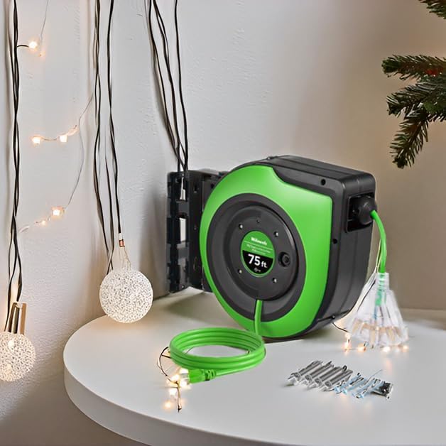 Retractable Cord Reel, 75 FT Heavy Duty Extension Cord, 14AWG/3C SJTOW, 3 Grounded Outlets Lighted Triple Tap, 10A Circuit Breaker, Wall/Ceiling Mounted, UL Listed, Green J75CR06