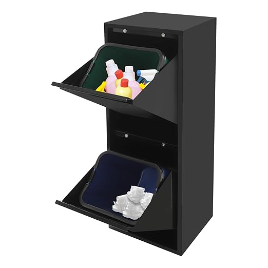 Recycling Trash Cabinet with 2 Bins & Tilt-Out Door – 15-Gallon Stainless Steel Organizer for Kitchen, Garage – Dual Waste Sorting System for Homeowners (Black)