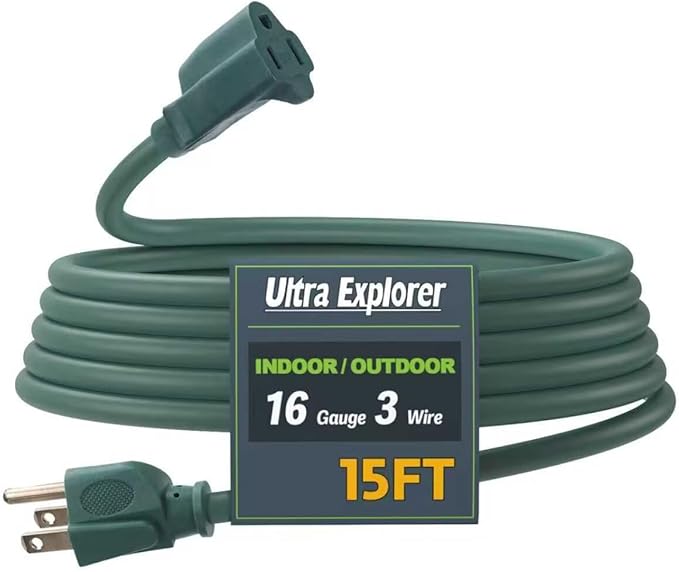 15 Ft Indoor Outdoor Green Extension Cord, 16/3 SJTW Heavy Duty Water-Resistant, 3 Prong Grounded Plug Power Cord for Home Appliance, Lights and Lawn, 13A 1625W, UL Listed