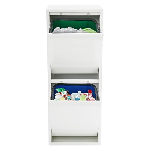 Recycling Trash Cabinet with 2 Bins & Tilt-Out Door – 15-Gallon Stainless Steel Organizer for Kitchen, Garage – Dual Waste Sorting System for Homeowners (White)