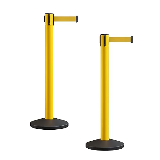 Crowd Control Warehouse CCW Series RBB-150 - Set of 2 Stanchion Retractable Belt Barriers - 16 Foot, Yellow Belt with Yellow Post - Easy Assembly