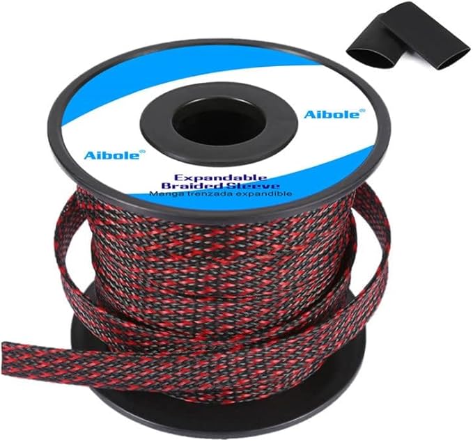 100Ft-1/2inch PET Expandable Braided Wire Sleeving,Wire Loom Cable Sleeve for TV,Computer,Home Theater,Automotive,Home Industrial,Electrical Wires,Chemical,Protect Cat from Chewing Cords,BlackRed