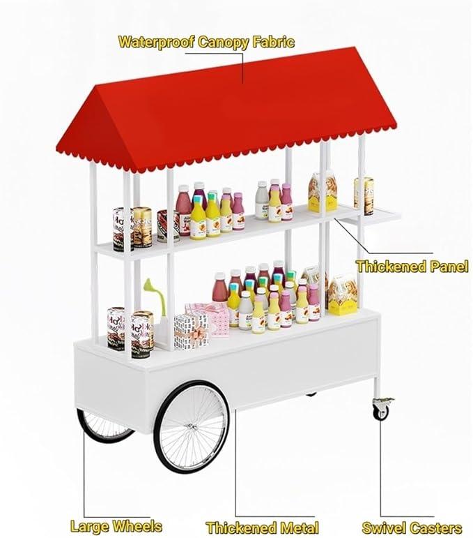 Portable Food Cart with Striped Canopy, Mobile Vendor Display Stand with Lockable Wheels, Iron Outdoor Cart for Market, Street Food or Events(Red,47.2in)