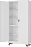 Metal Rolling Storage Cabinet-74.6” Tall Steel File Cabinets with Wheels Lockable Doors and Adjustable Shelves-White Steel Storage Cabinet for Home, School, Office, Garage
