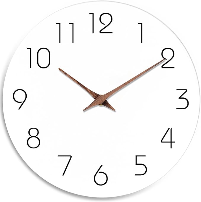 Mosewa Wall Clock 10 Inch Silent Non Ticking Wood Battery Operated Wooden White Modern Office Simple Minimalist Decorative for Kitchen Home Bathroom Living Room