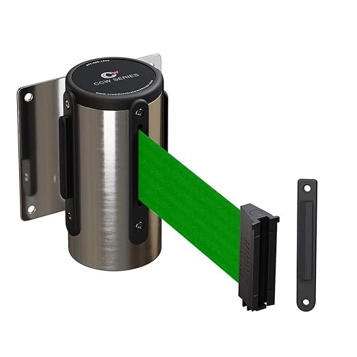 Crowd Control Warehouse - CCW Series WMB-120 Fixed Wall Mount Retractable Belt Barrier - 11 Foot, Green Belt with Stainless Steel Case