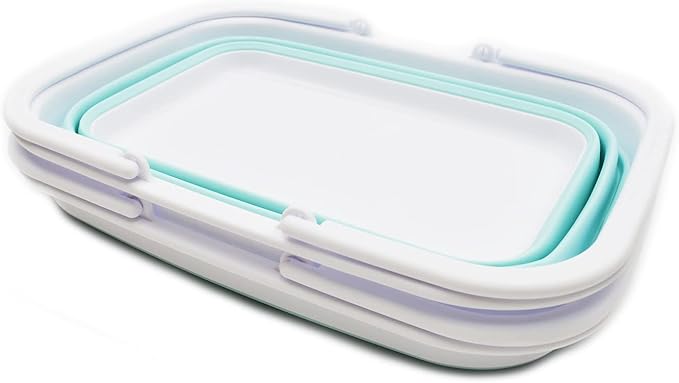SAMMART 9.2L (2.37Gallon) Collapsible Tub with Handle - Portable Outdoor Picnic Basket/Crater - Foldable Shopping Bag - Space Saving Storage Container (Grey & Lake Green, 2)