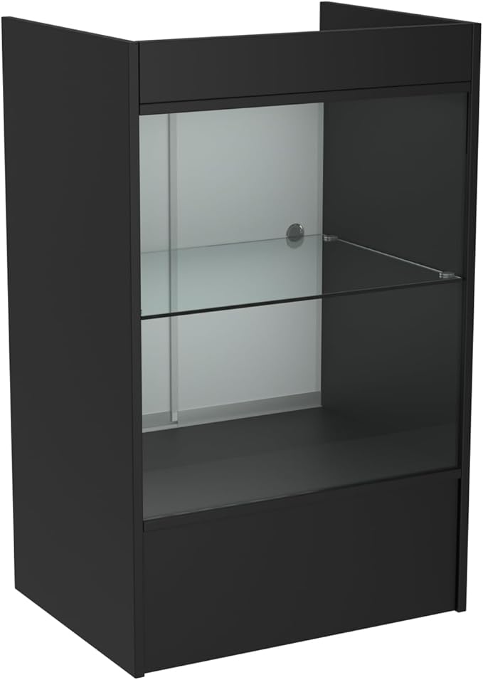 24”W * 18”D * 38”H - Cash Register Stand， Black Cash Wrap Checkout Desk，Counter Stand with Glass Display Cabinet for Retail