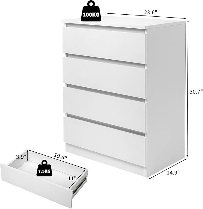 Dresser for Bedroom, Modern Wood Dresser Chest of Drawers, No Handle Storage Cabinet for Girls, Anti-Tipping Device, Living Room, Home Office, Hallway Organizer (White, 4 Drawers)