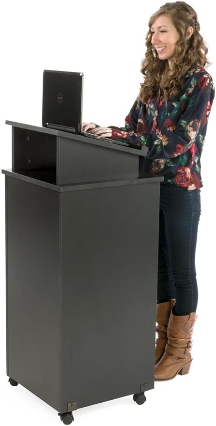Rolling Wood Podium, 44"H, Locking Wheels, 2 Shelf Open Cabinet, Top Surface with Lip (Black)