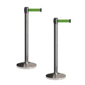CCW Set of 2 Retractable Belt Barriers Stanchion, Polished Stainless Steel Post, RBB-100 (11 Foot Belt, Green Belt)