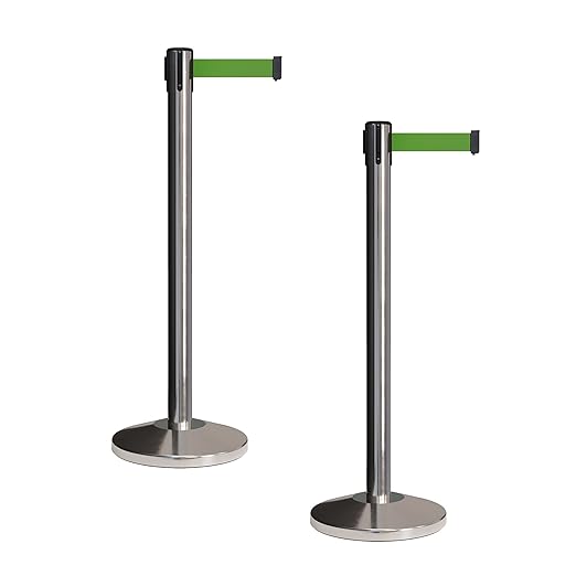 Crowd Control Warehouse CCW Set of 2 Retractable Belt Barriers Stanchion, Polished Stainless Steel Post, RBB-100 (7.5 Foot Belt, Green Belt)