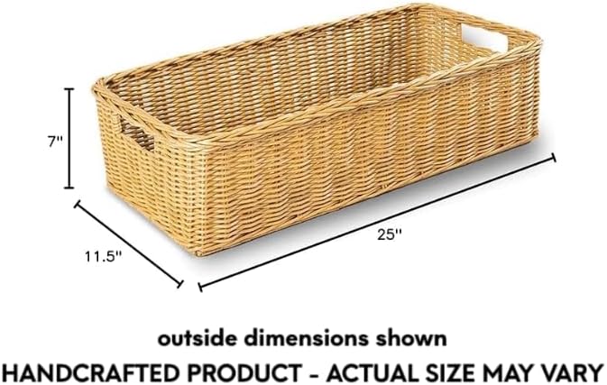 The Basket Lady Long Low Wicker Basket, Large, 25 in L x 11.5 in W x 7 in H, Sandstone