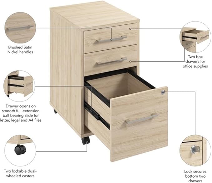 Bush Business Furniture Hustle 3 Drawer Rolling File Cabinet in Natural Elm, Mobile Document Storage for Home and Professional Office