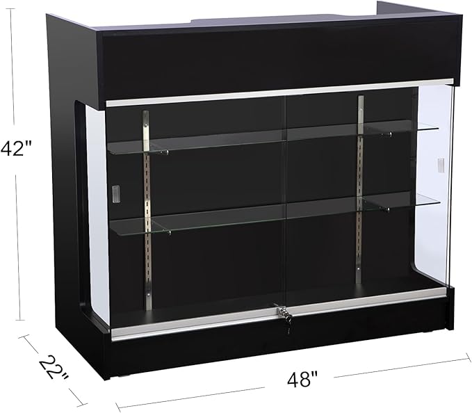 48" W x 22" D x 42" H - Retail Sales Counter with Adjustable Glass Shelves, Tempered Glass, Black Laminated Particle Board, Locking Drawers