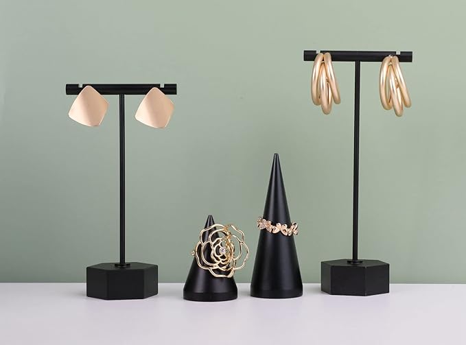 GemeShou Black Metal 2pcs Earring Display T Stand for Show, T Bar Jewelry Holder Tree for Retail Photography 【Black-Hexagon Base 2pcs Height 4.5" and 5.3"】
