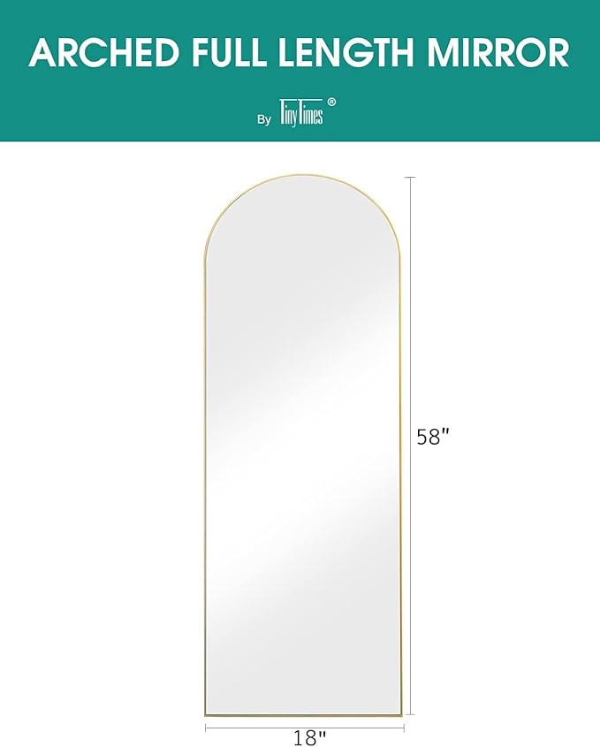 TinyTimes Arched Full Length Mirror, 58"x18" Floor Mirror with Stand, Large Full Body Mirrors, Arch Wall Mirror, Big Full Size Mirrors for Bedroom, Aluminum Frame, Gold
