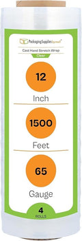 Stretch Film Wrap, Packing Shrink Wrap Roll, Clear, 12 Inch x 2000 Feet, 60 Gauge, 4 Pack