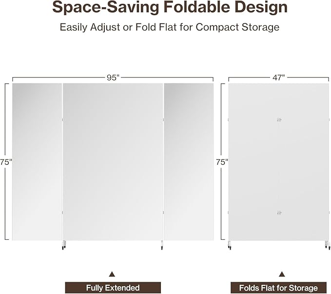 brisafe Full Length Stand Up Mirror on Wheels,75''×95'',Large Tri-Fold Floor Mirror with Stand,Movable 3-Way Full Length Standing Mirror for Gym, Dance Studio, Fitness Room, and Home (White)