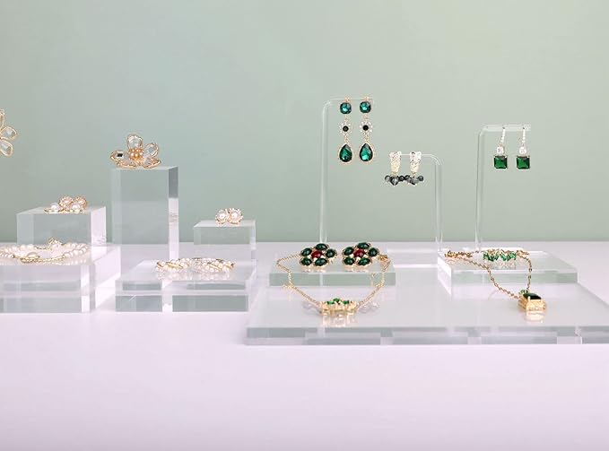 GemeShou Acrylic earring display risers for selling, Transparent jewelry display riser stand, clear ring riser tray for boutique store selling, Jewelry photo props【3.15 L x3.15 W x0.39 H inch 2pcs】