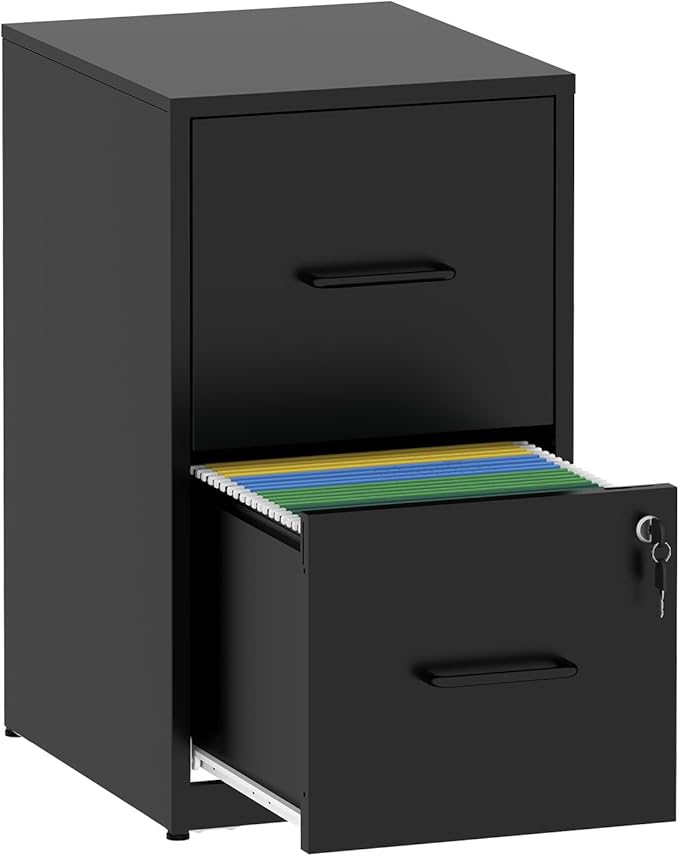 AQY 2 Drawer Filing Cabinet with Lock, Metal Black File Cabinet for Home Office, 18" Deep Vertical Storage Drawer for Hanging A4/Letter/Legal Size Files, Assembly Required