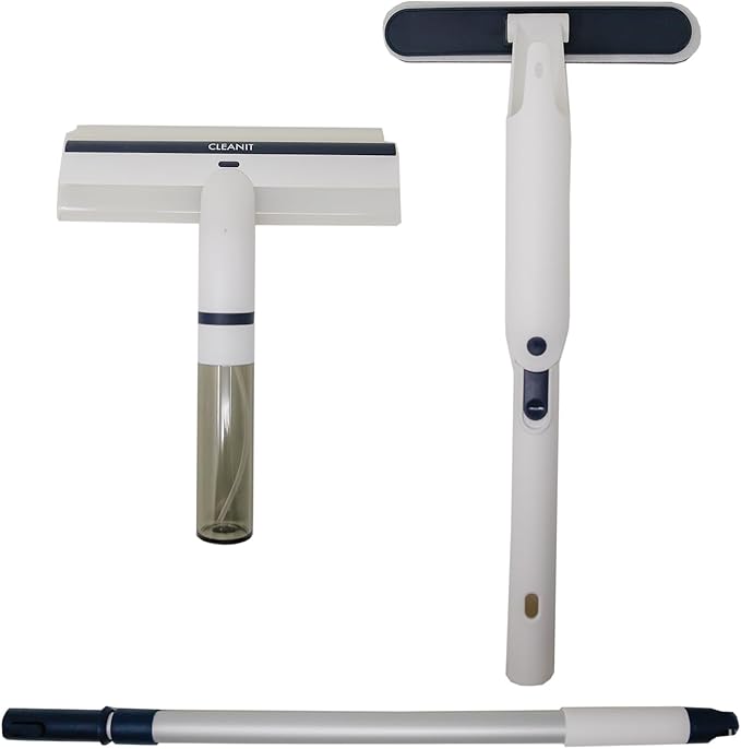 Don Aslett No Drip Squeegee with 4 Ft Long Aluminum Handle (White) Cleaning Tool with Solution Container, Spray, & Scrubber for Bathroom Shower Glass Door, Mirrors, Household Windows, Car Windshield