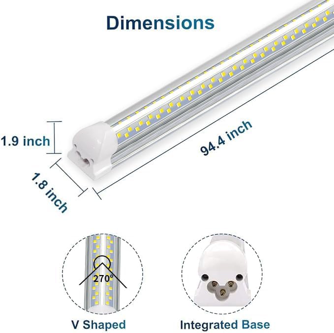 LED Shop Light,8FT 120W 12000LM 6500K,T8 Led Tube Daylight White,No dimmable,V Shape,Linkable,High Output,Clear Cover,8 Foot led Lights Fixture,Garaga Lighting with Plug (10 Pack)