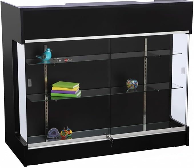 Ledge Top Counter with Showcase, 4ft – Tempered Glass Display Case with Locking Front, Sliding Doors, Drawers & Shelves – Retail Store Counter Cabinet (Black)